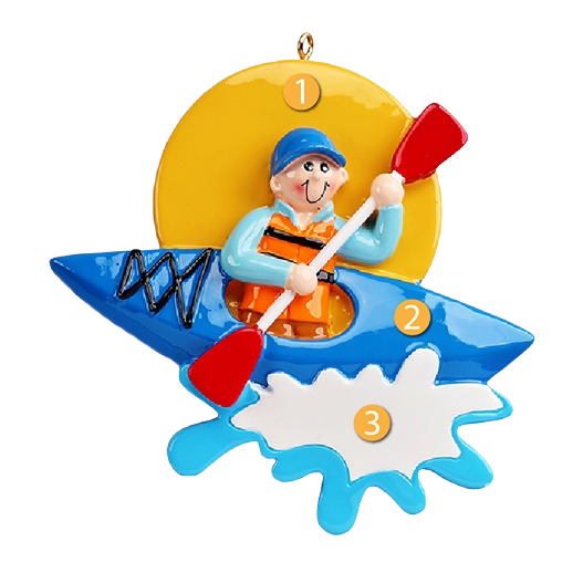 Boy figurine in blue cap and orange life vest paddling a bright blue kayak with splash detail from Christmas Ornaments & Tree Decorations collection