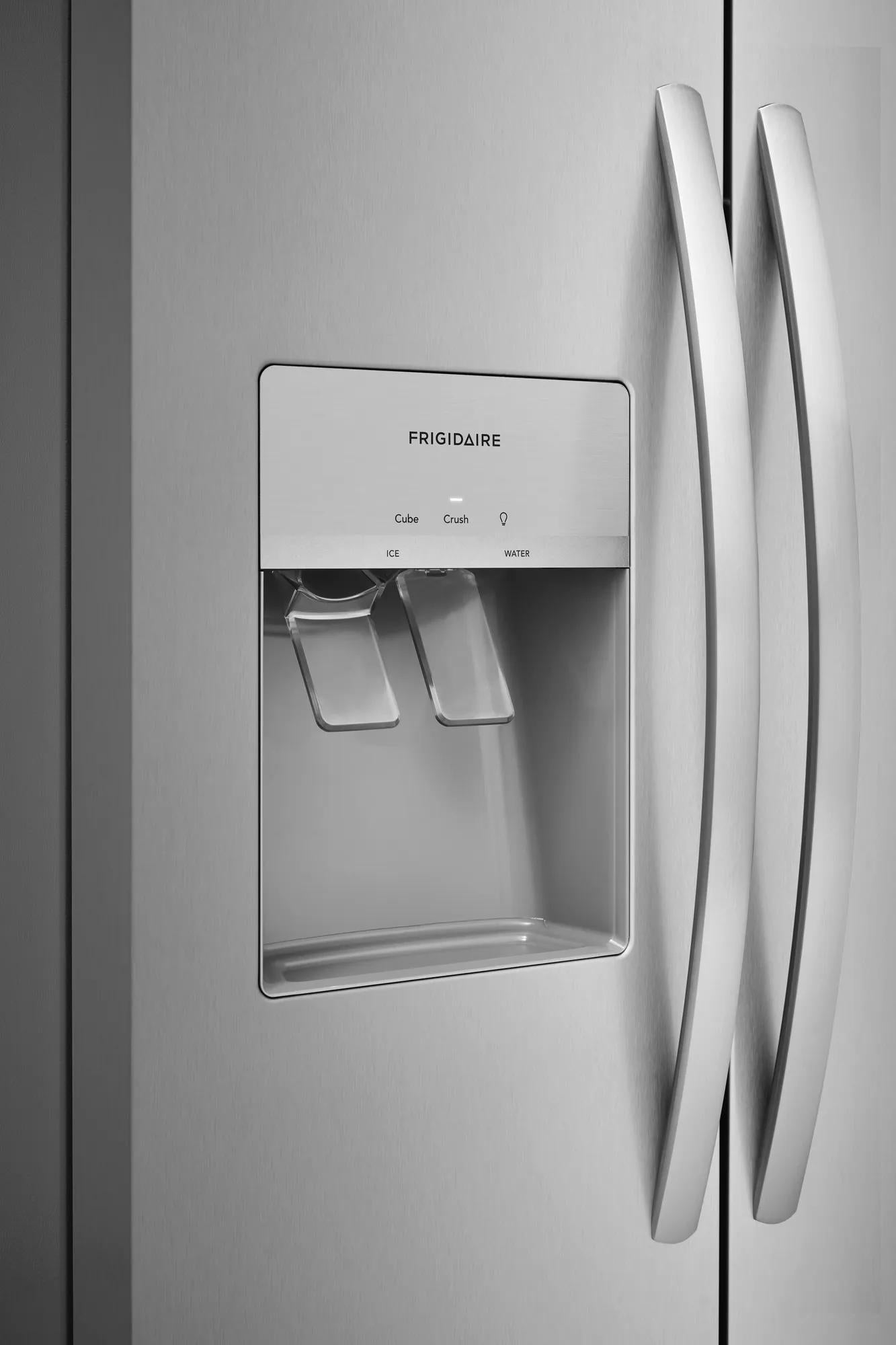 Stainless steel side-by-side refrigerator dispenser with options for cube ice, crushed ice, and water in kitchen appliances collection