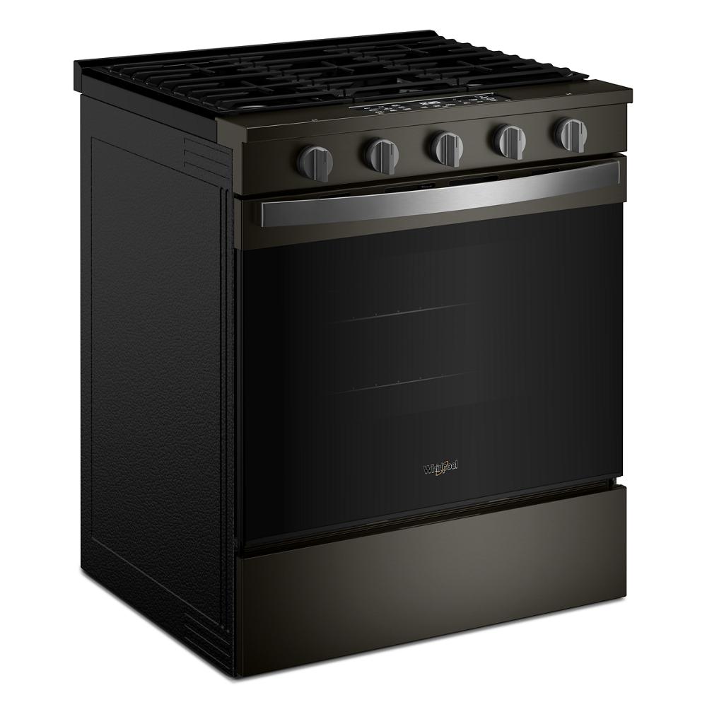 30-inch dark stainless steel gas range with five control knobs and large oven door in Ranges and Appliances collections
