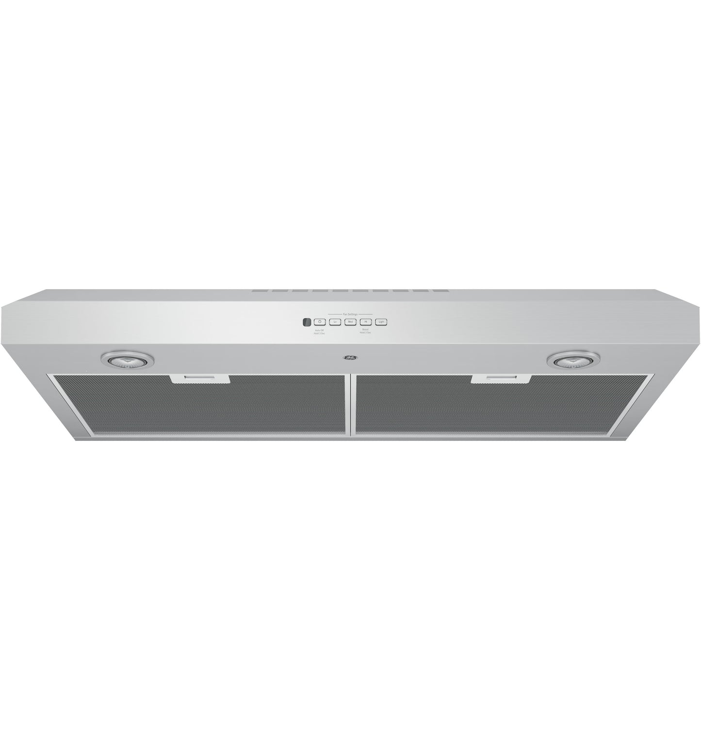 Stainless steel under cabinet range hood with dual light fixtures and push-button controls from Appliances and Kitchen collections