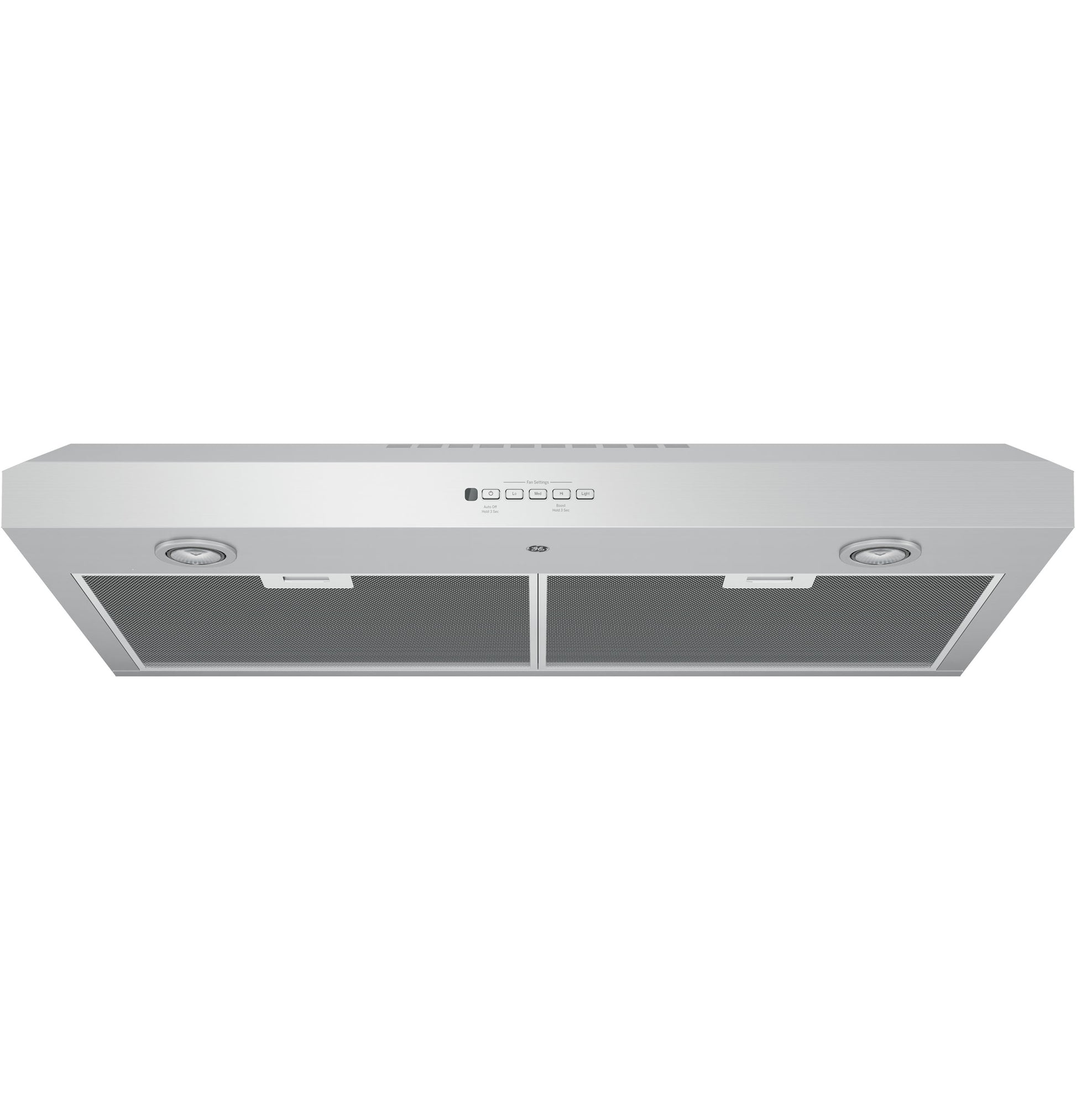 Stainless steel under cabinet range hood with dual light fixtures and push-button controls from Appliances and Kitchen collections