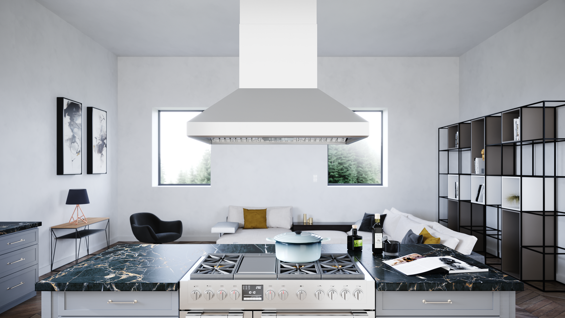 Stainless steel island range hood with a wide canopy mounted above a large gas cooktop in a modern kitchen with open shelving, part of Over the Range Hoods and Kitchen & Kitchenware collections.