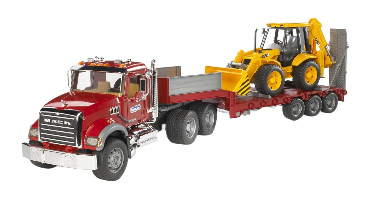 Red Mack toy truck with lowboy trailer hauling a yellow JCB 4CX backhoe loader for construction play