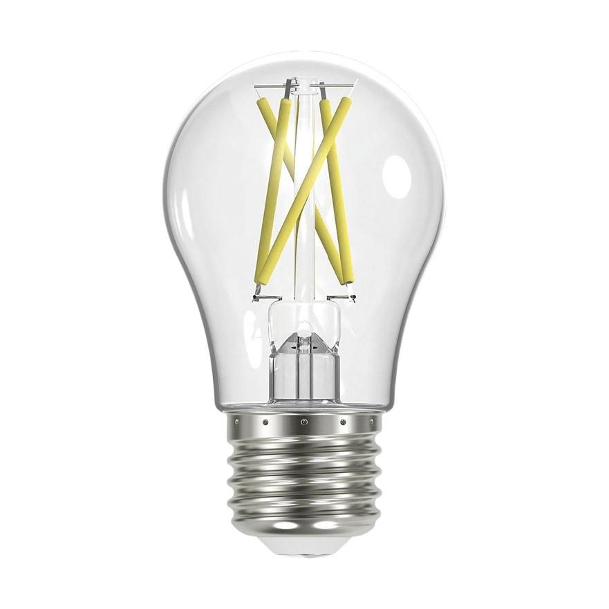 Clear LED light bulb with medium base and visible filament design for home improvement and lighting collections