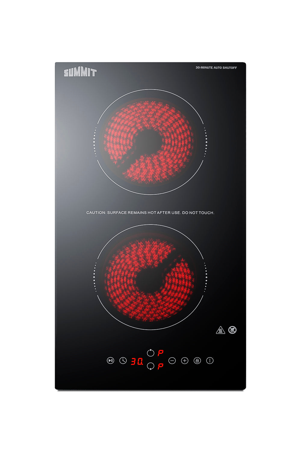 12-inch black radiant cooktop with two active burners and digital touch controls from kitchen appliances collection