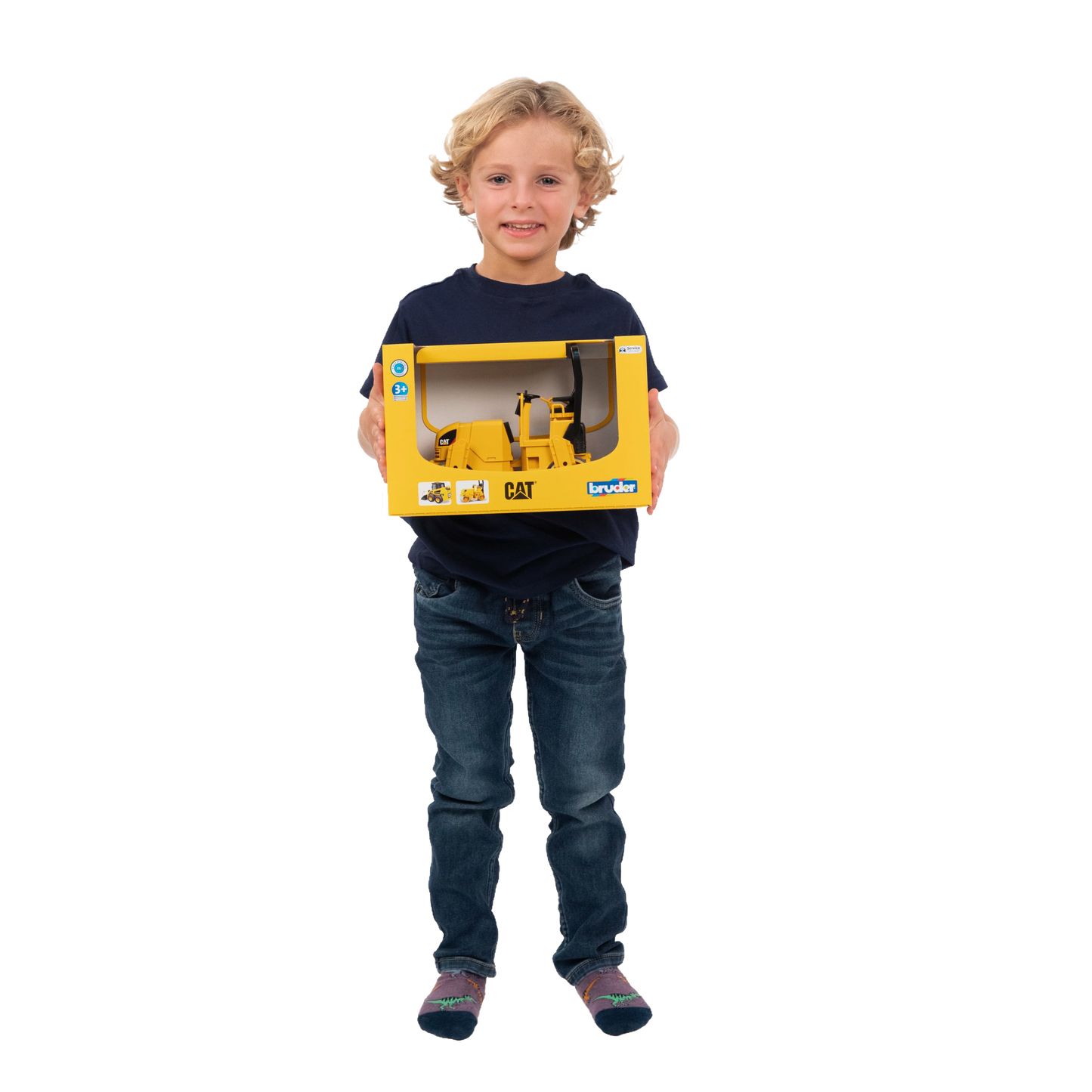 Child holding Bruder 1:16 scale CAT asphalt drum compactor toy from Vehicles & Remote Controlled Toys collection under $100