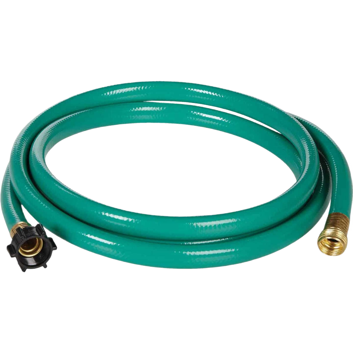 Green garden leader hose with male and female couplings, kink-resistant reinforced PVC for watering and irrigation tasks