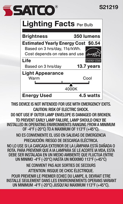 Energy-efficient LED bulb with 350 lumens brightness, cool white 4000K light, and 4.5-watt power usage for home lighting.