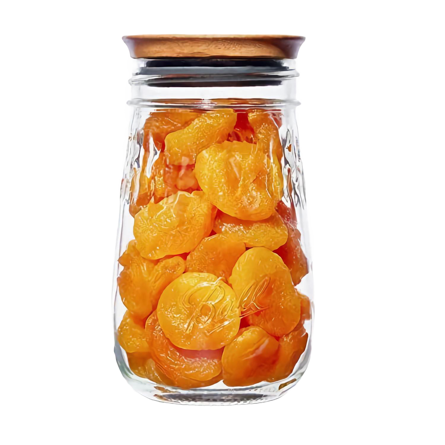 Glass jar filled with dried apricots sealed with a wooden lid for kitchenware and under $50 collections