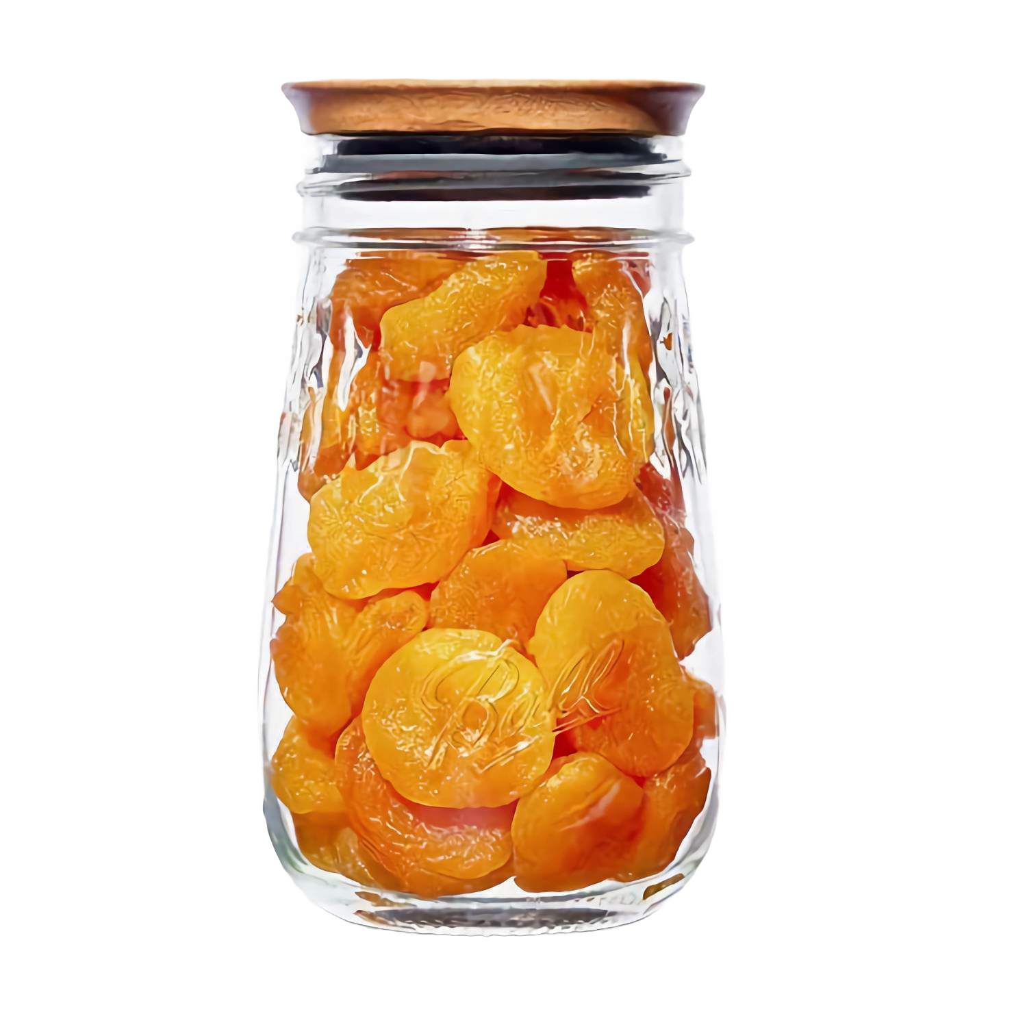 Glass jar filled with dried apricots sealed with a wooden lid for kitchenware and under $50 collections
