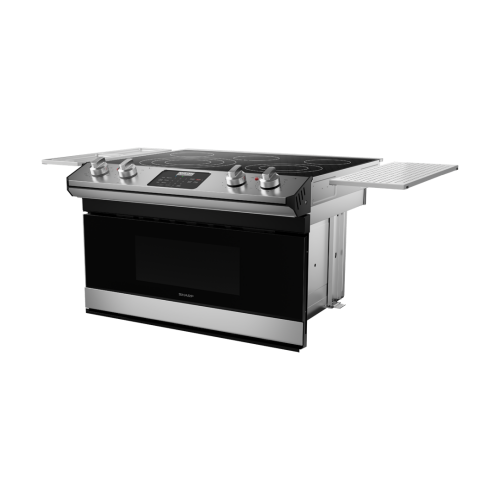 Modern stainless steel electric cooktop with five burners, digital controls, and pull-out side racks in kitchen appliances collection