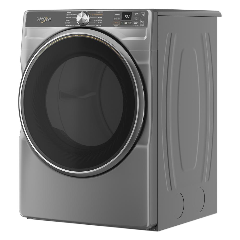 Angled view of gray smart front load electric dryer with digital display and control knob in Dryers collection