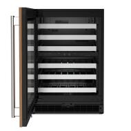 24-inch panel-ready undercounter wine cellar with metal-front racks and motion-activated LED lighting in KitchenAid appliances collection