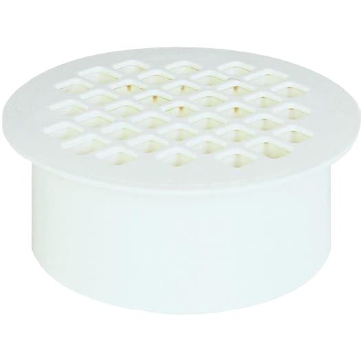 White PVC floor drain with circular grate featuring diamond-shaped openings for plumbing and pipes & fittings use.