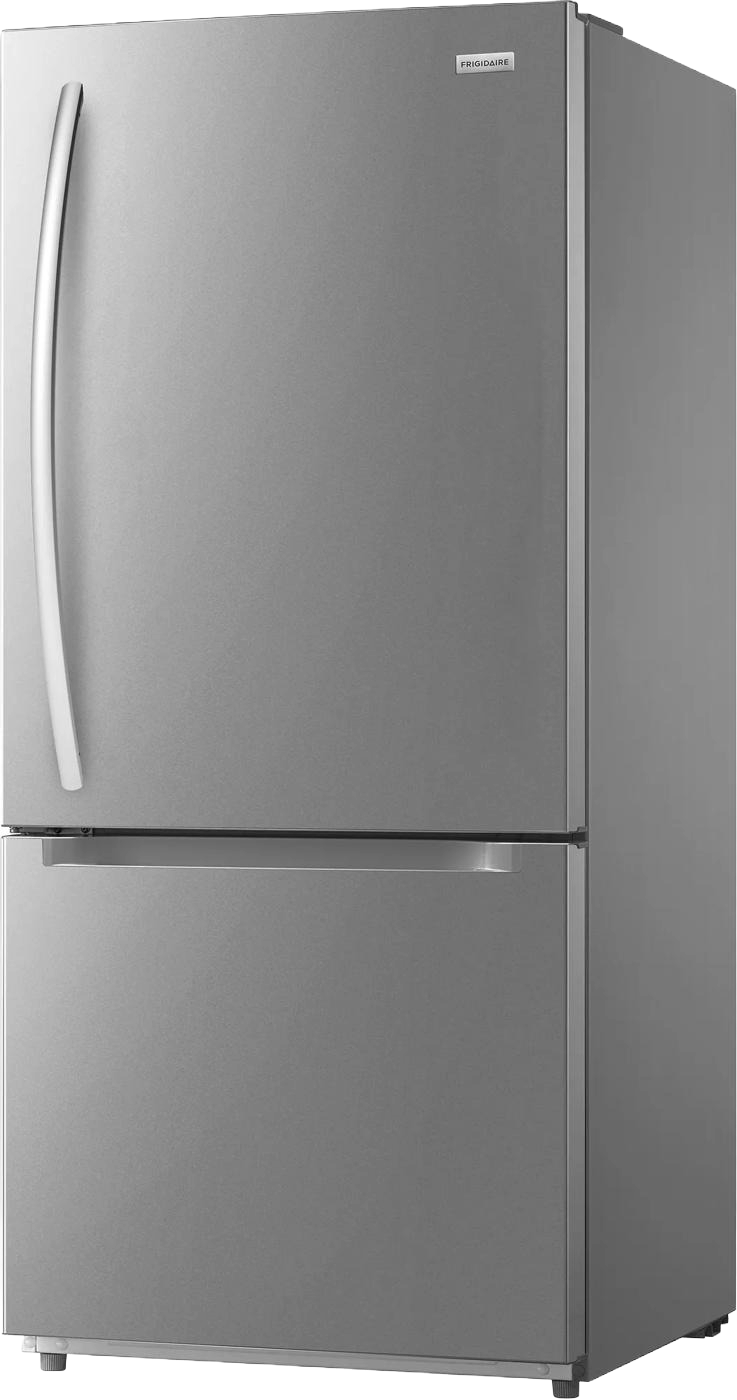 Silver standard-depth bottom freezer refrigerator with curved vertical handle and sleek modern design, suitable for kitchen and appliance collections.