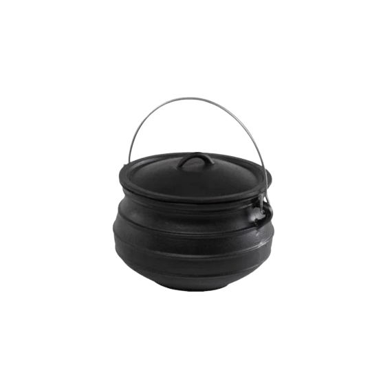 Black cast iron kettle with lid and handle, designed for outdoor living and fire pit cooking use