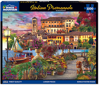 Colorful 1000-piece puzzle featuring an Italian waterfront promenade scene with buildings, boats, and flowers