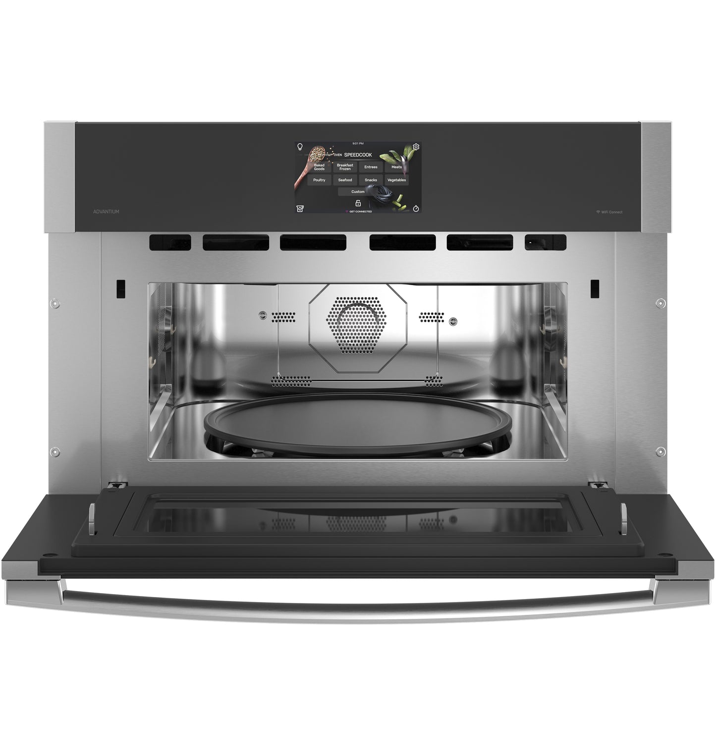 Stainless steel single wall oven with open door, digital touchscreen, and round cooking tray from Kitchen & Kitchenware collections