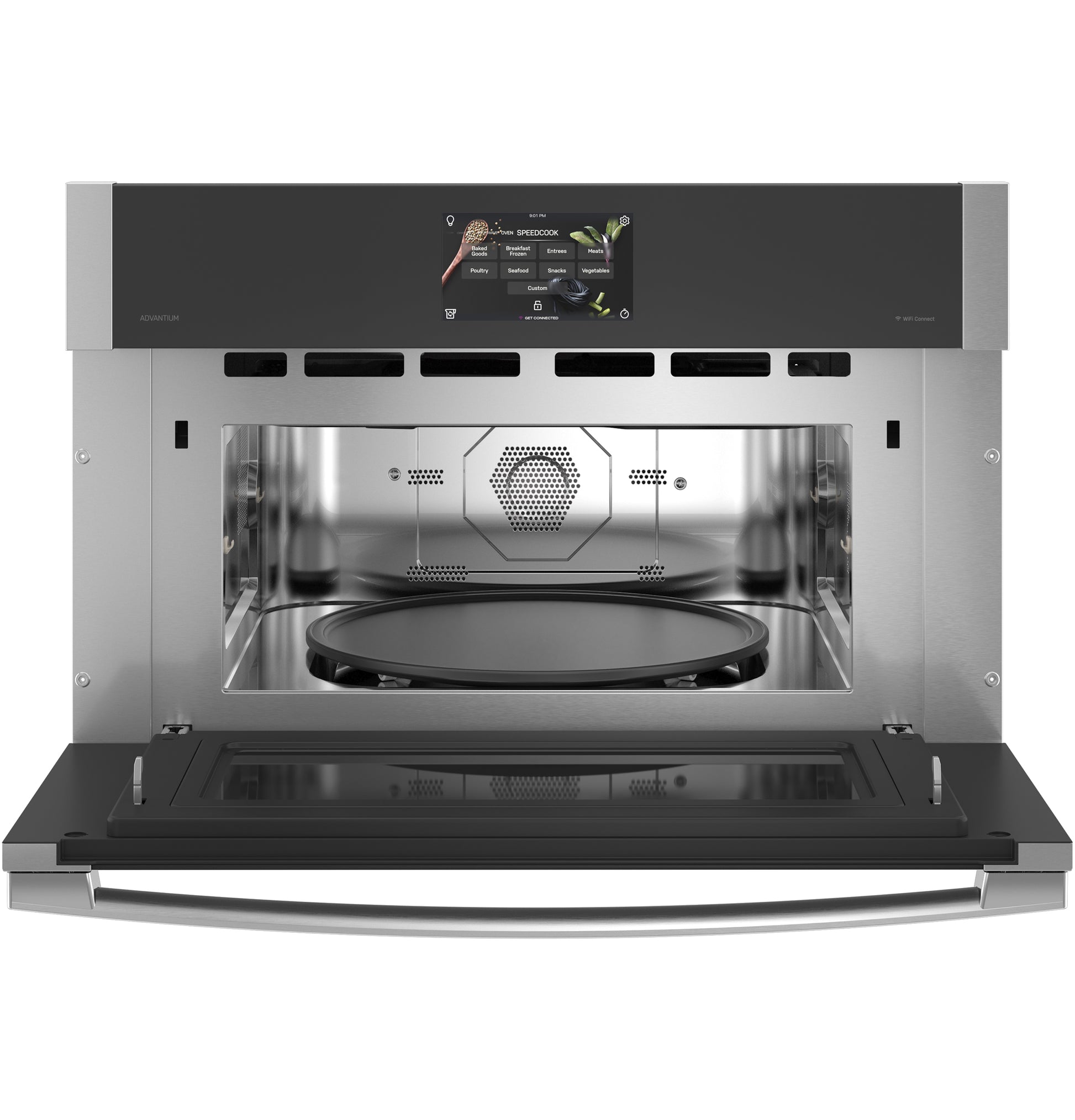 Stainless steel single wall oven with open door, digital touchscreen, and round cooking tray from Kitchen & Kitchenware collections