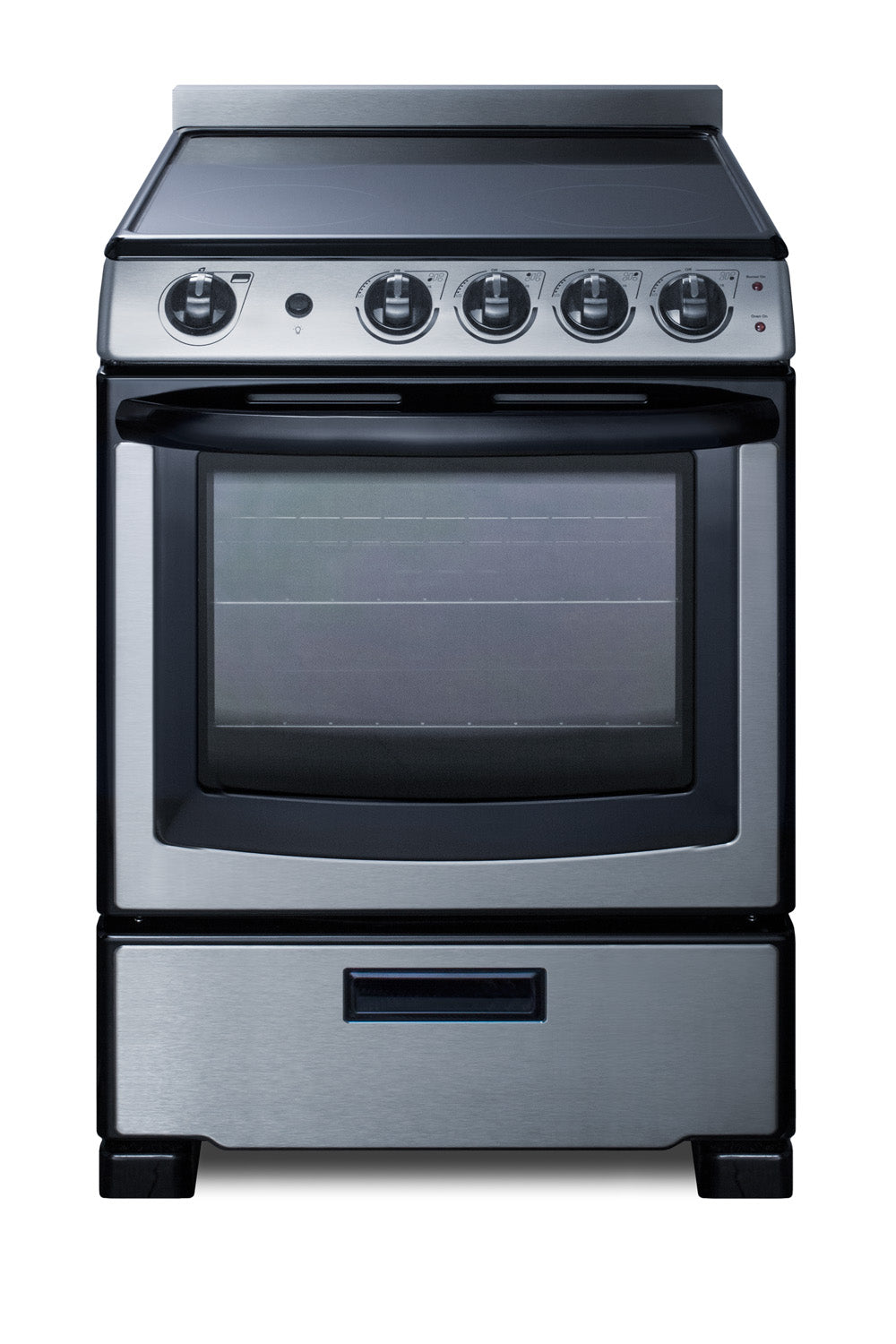 Electric smooth-top range with stainless steel finish, five control knobs, large oven window, and lower storage drawer.