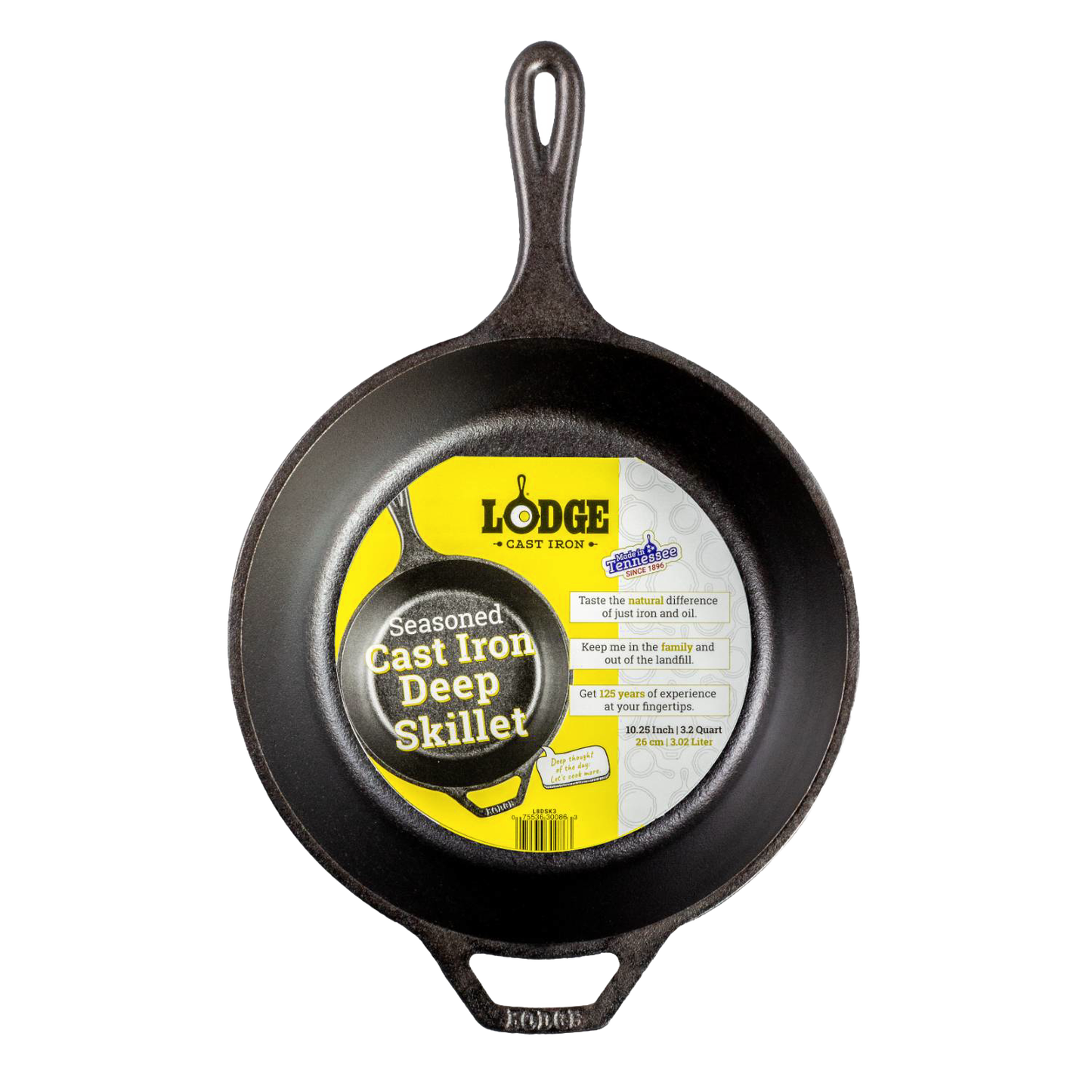 Black seasoned cast iron deep skillet with long handle and helper grip in Kitchenware and Lodge Cast Iron collections under $50
