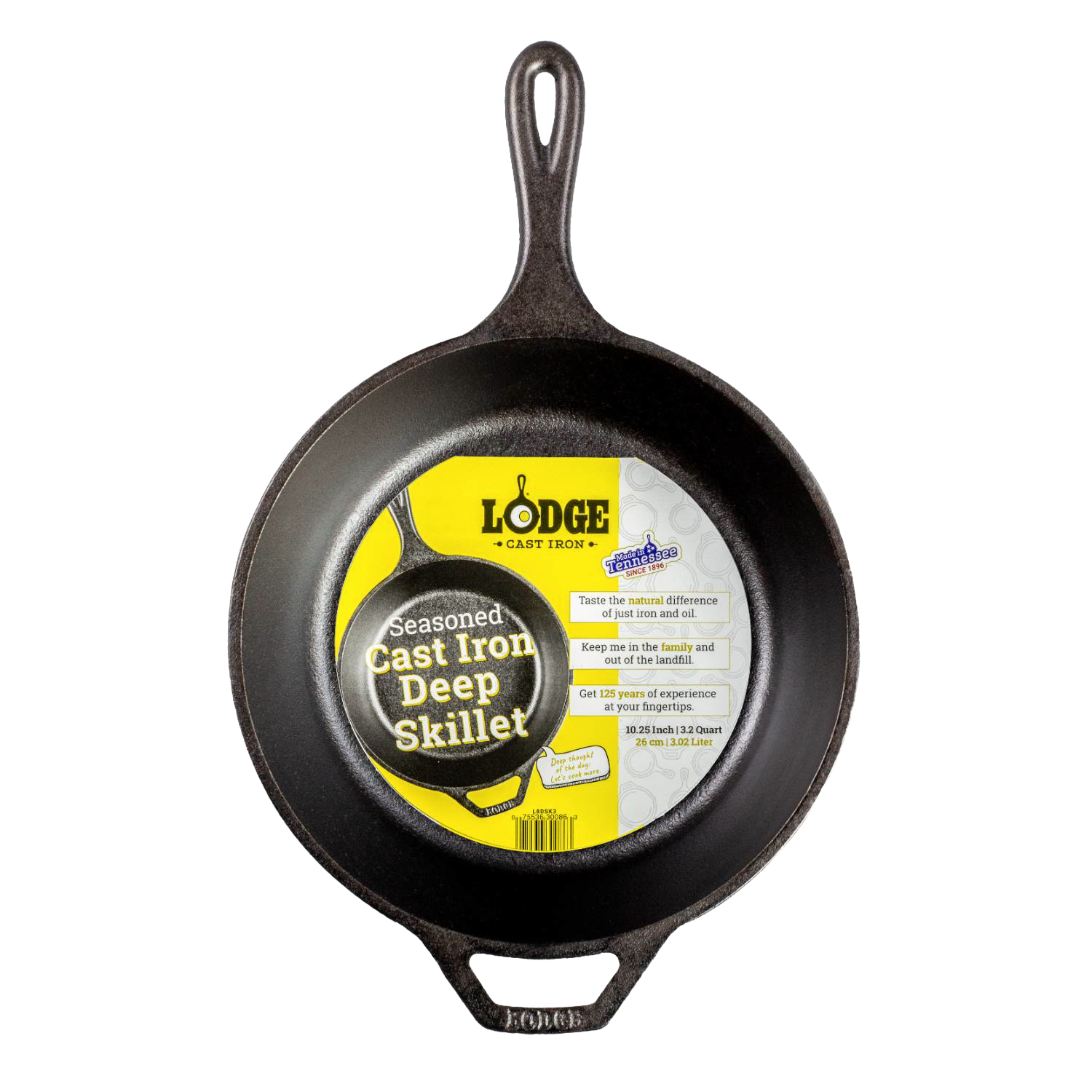Black seasoned cast iron deep skillet with long handle and helper grip in Kitchenware and Lodge Cast Iron collections under $50