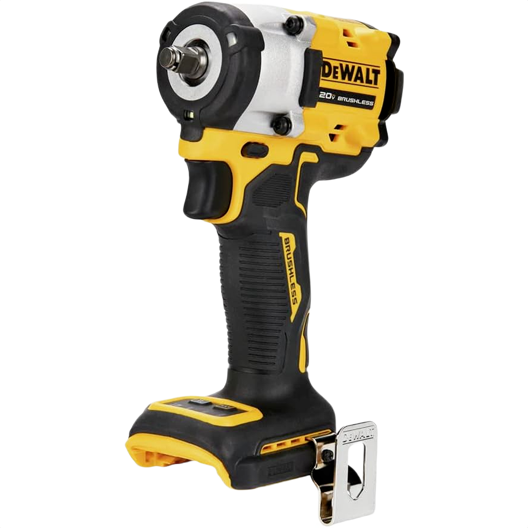 Compact yellow and black cordless impact wrench with ergonomic grip and metal hog ring for home improvement tools