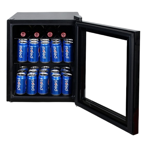 Compact black beverage center with glass door holding wine bottles and soda cans for kitchen and appliance use