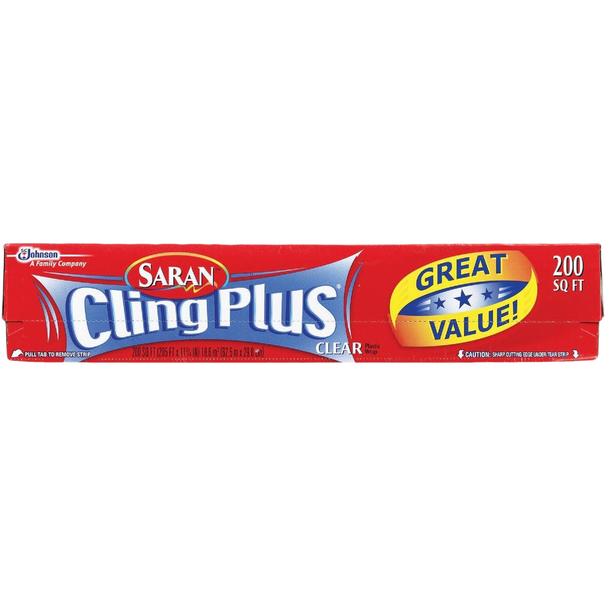 Box of clear Saran Cling Plus plastic food wrap with 200 square feet for kitchenware and food storage use