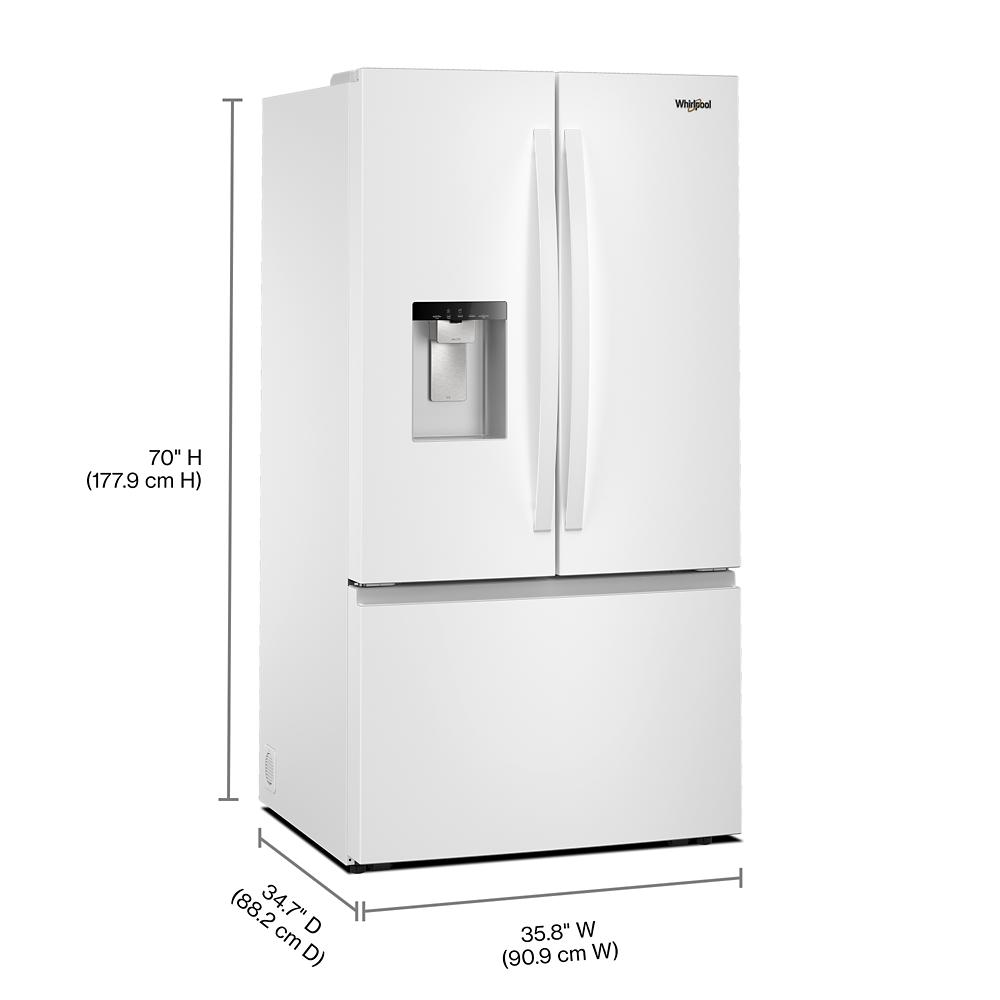 White 36-inch French door refrigerator with in-door water and ice dispenser and bottom freezer drawer from kitchen appliances collection