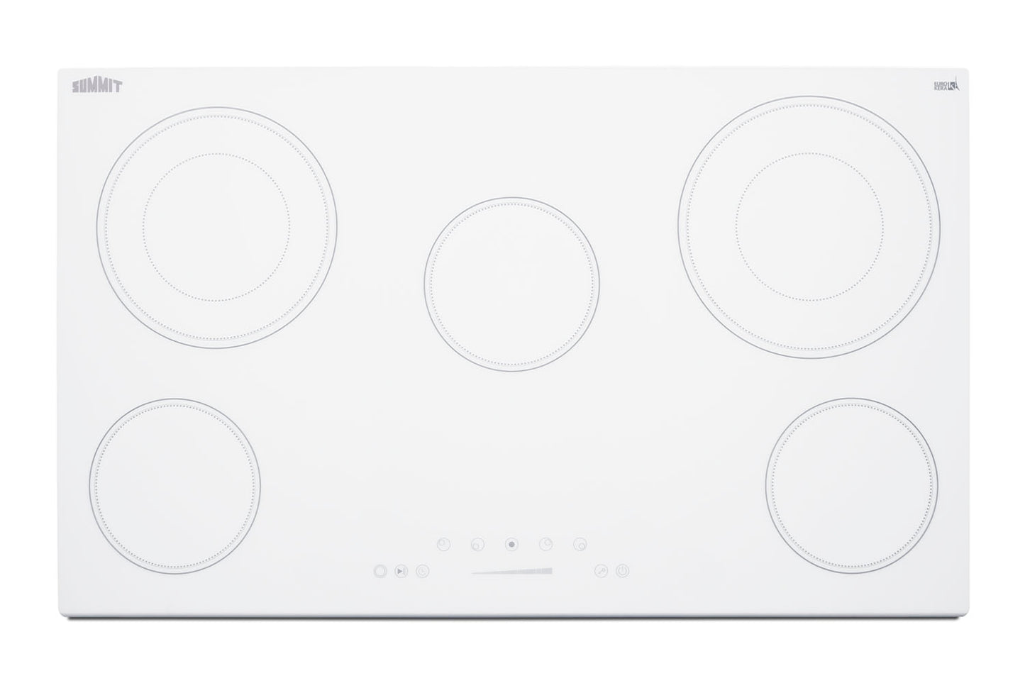 White smooth-top radiant cooktop with five burners and touch controls for modern kitchen and home improvement use