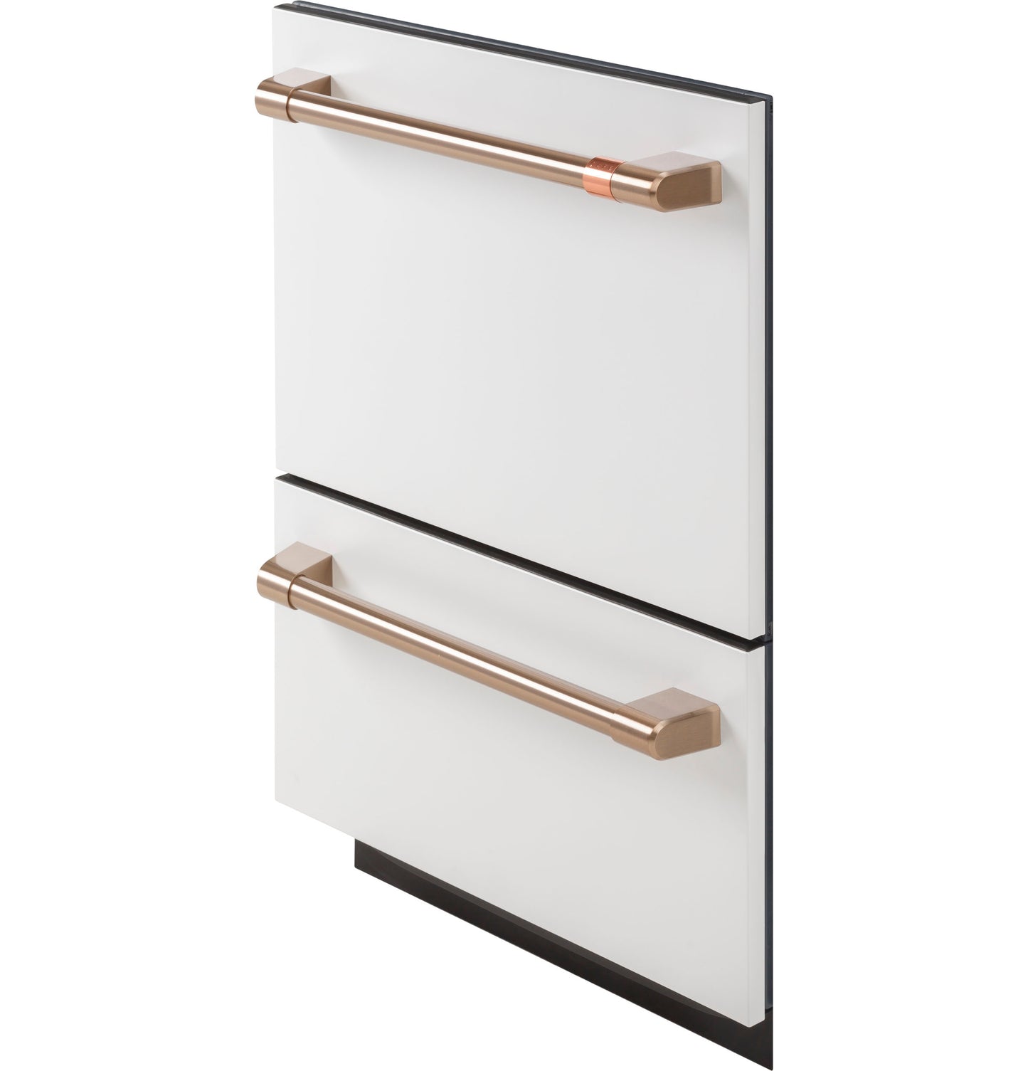 Close-up of a modern white dishwasher double drawer with brushed metal handles for kitchen and appliances collection.