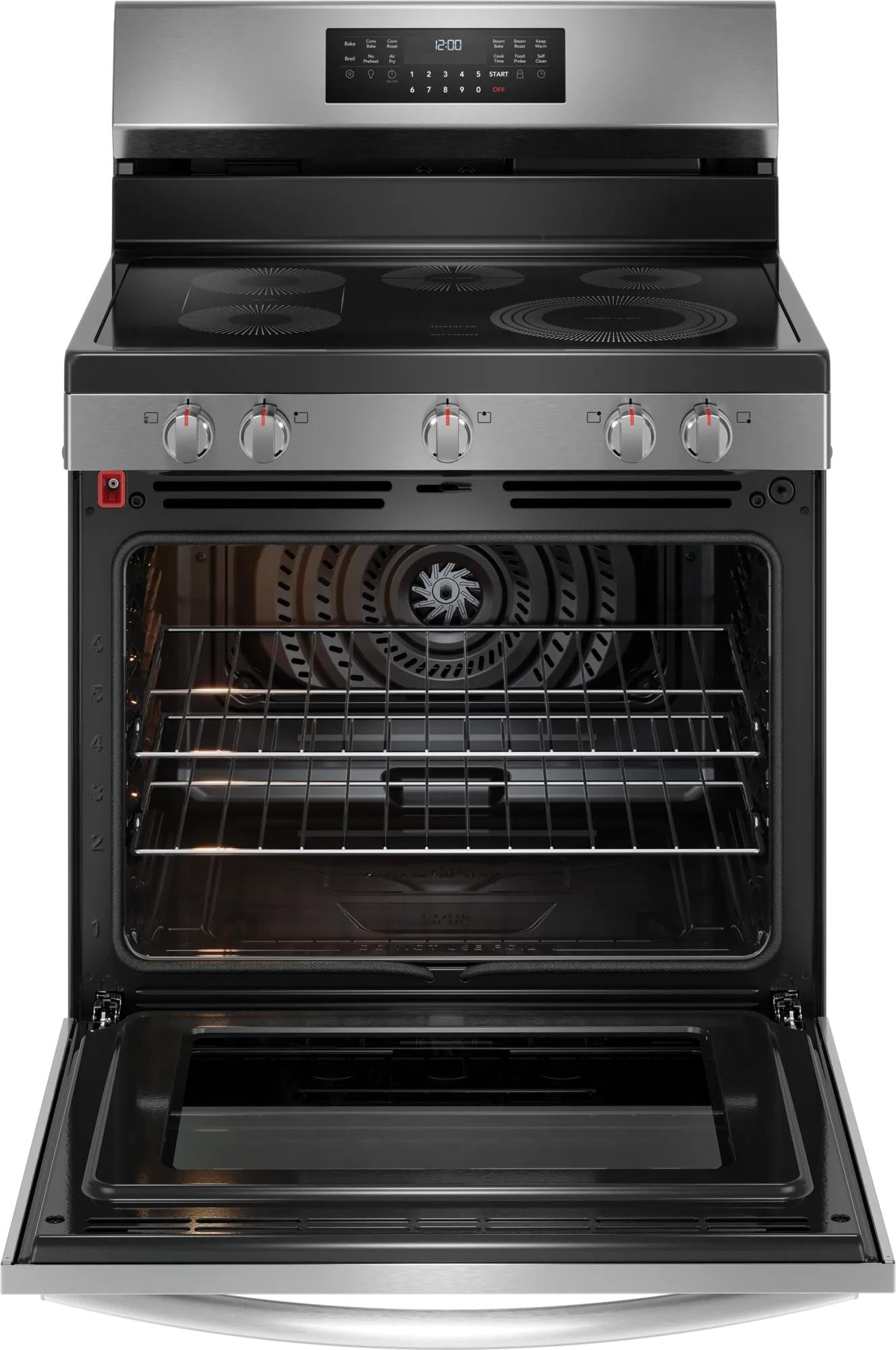 Open stainless steel electric range with rear controls and convection oven interior for kitchen appliances collection