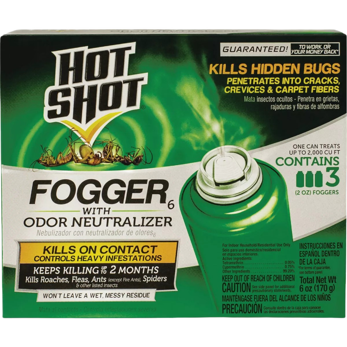Package of three 2 oz indoor insect foggers with odor neutralizer for pest control in enclosed spaces