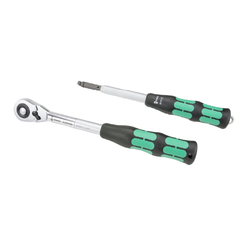 Ratchet and extension set with ergonomic black and green handles for woodworking and hand tools collection