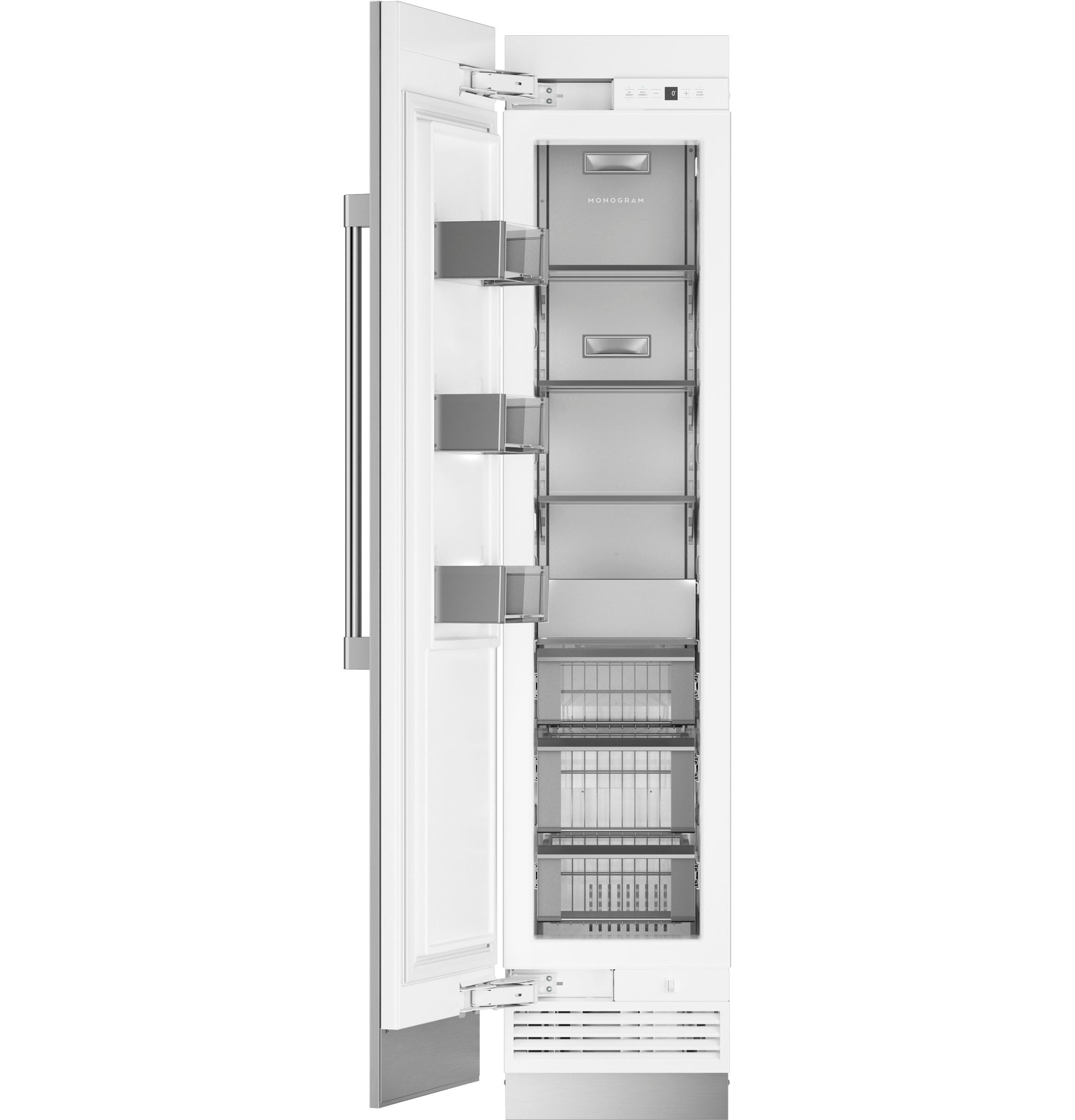 Open panel-ready integrated column freezer with multiple transparent drawers and storage compartments in appliances collection