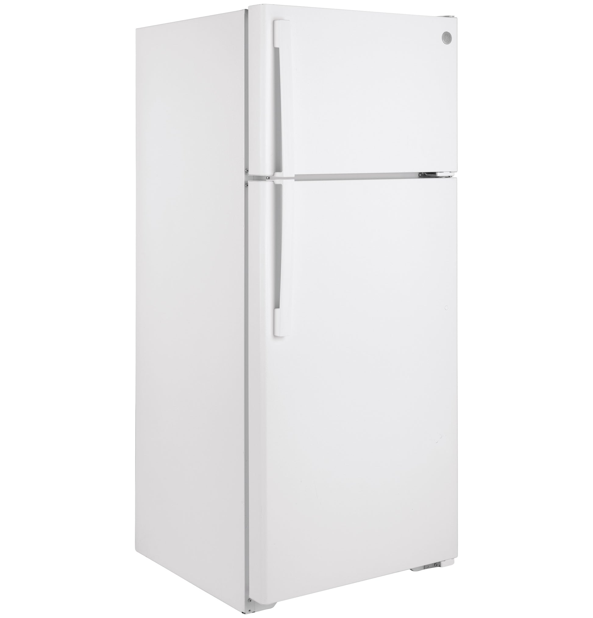 White top-freezer refrigerator with vertical handles included in kitchen appliances and home improvement collections