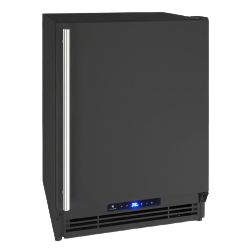 Black undercounter refrigerator and ice maker combo with reversible door and digital temperature display in kitchen appliances collections