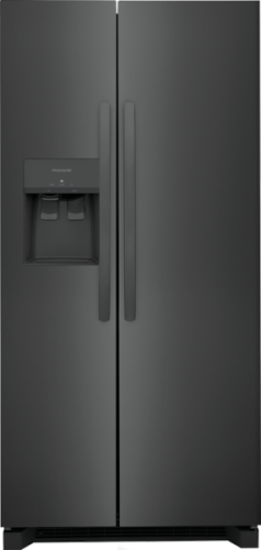 Matte black side-by-side refrigerator with external water and ice dispenser for kitchen and appliance collections