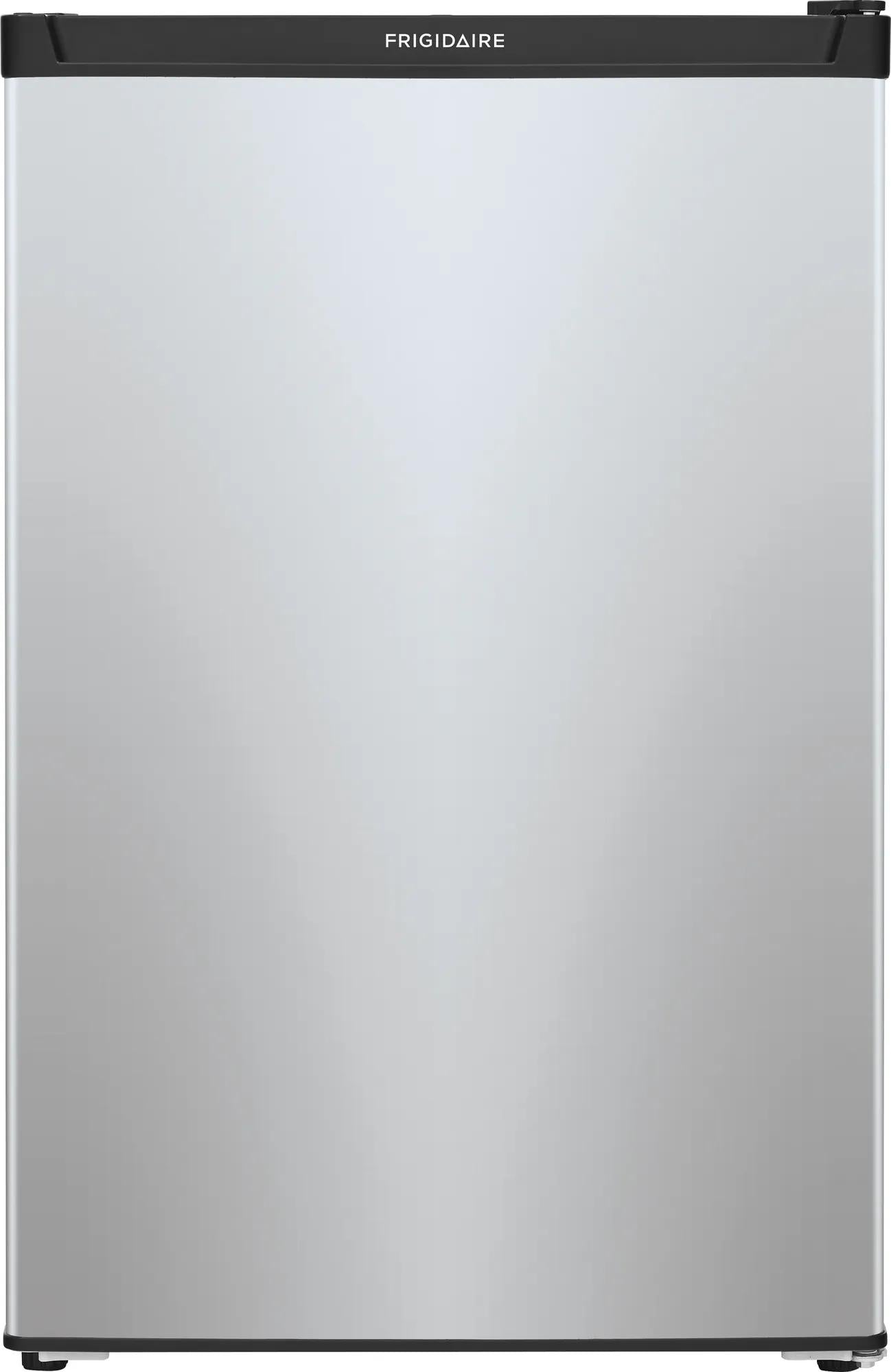 Minimalist compact fridge in stainless steel with black top trim, ideal for kitchen and home appliance collections