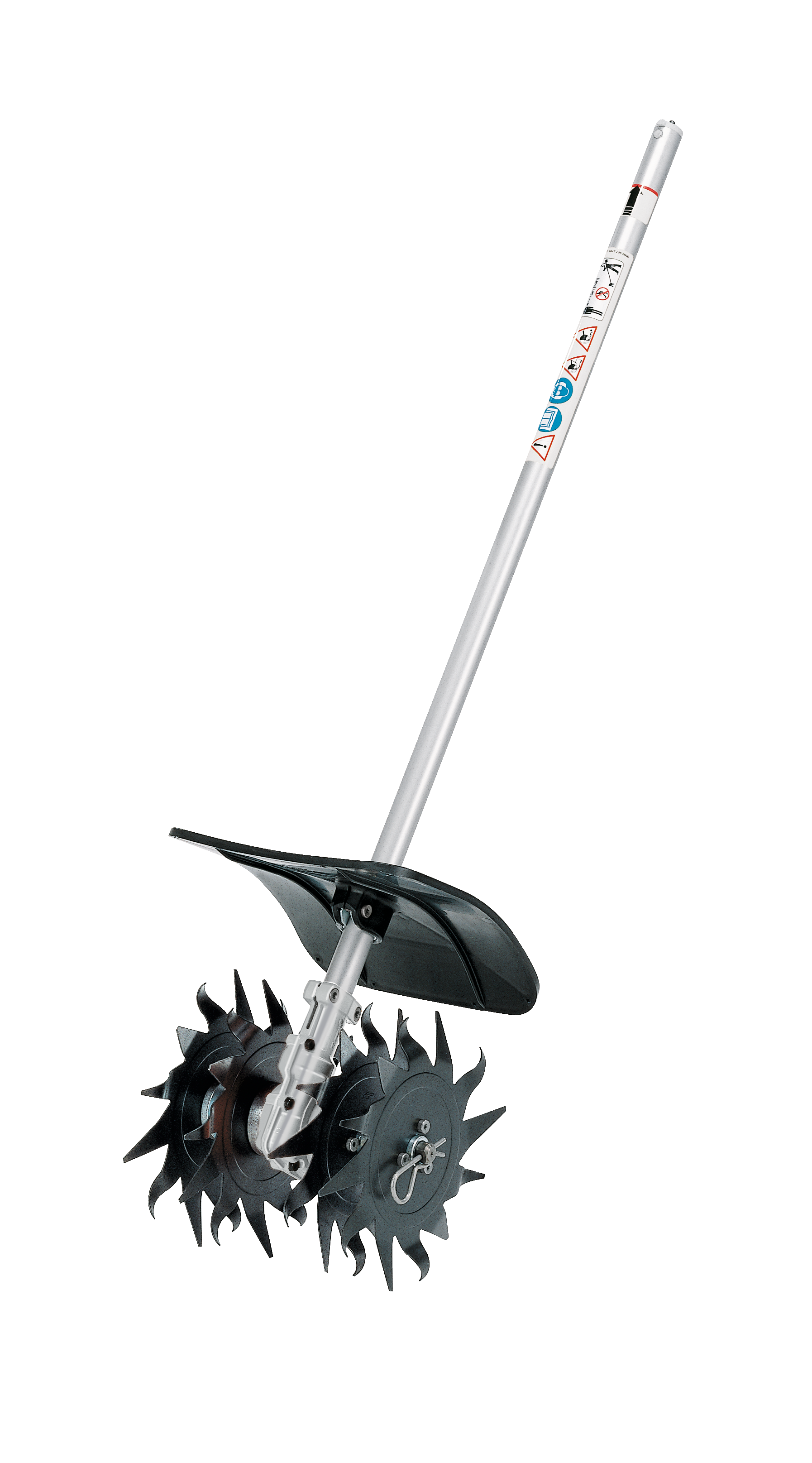 Lightweight mini-cultivator tool attachment with dual rotating blades and safety shield for home improvement and garden use