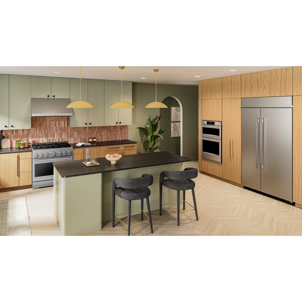 Modern kitchen featuring a stainless steel 36-inch gas range with six burners integrated into wood and green cabinetry.