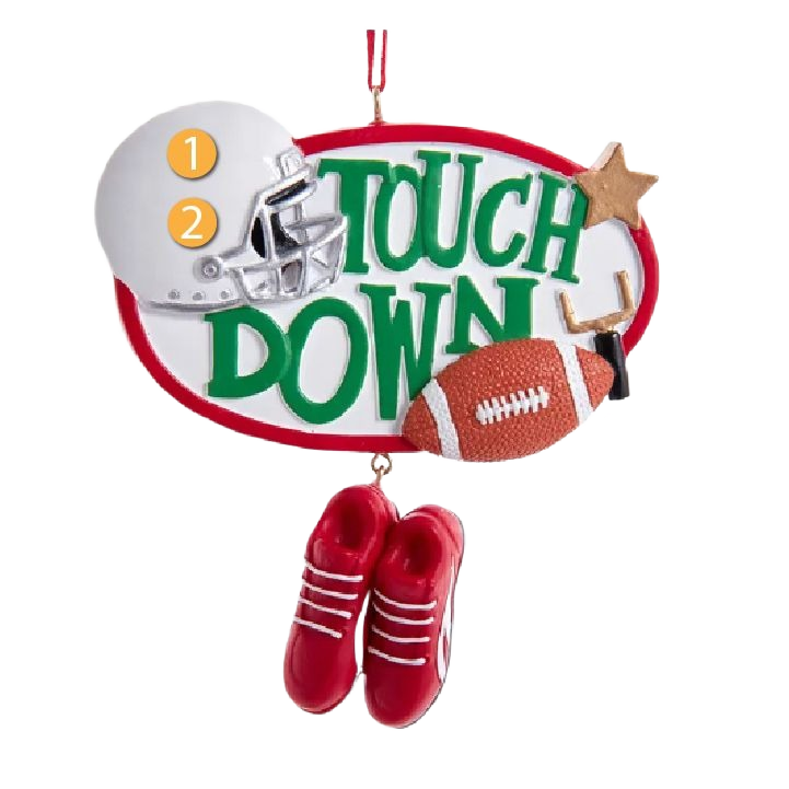 Personalized football-themed Christmas ornament with helmet, ball, cleats, and green touchdown lettering for holiday decor