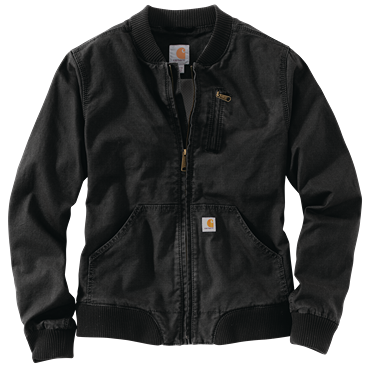 Black women's relaxed fit bomber jacket featuring rugged flex fabric, ribbed collar and cuffs, and zippered chest pocket for durable outerwear.