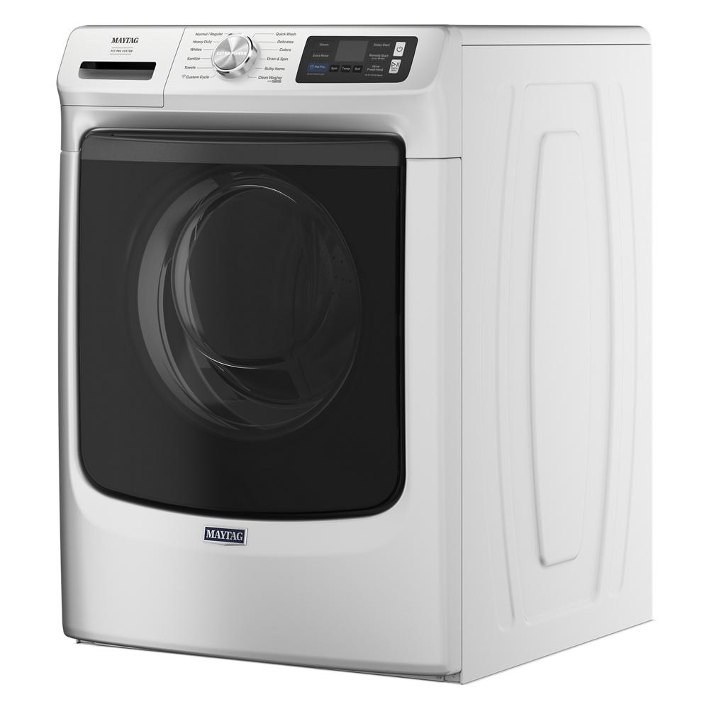 White front load washer with large black glass door, digital control panel, and embossed side panels from Front Load Washers collection