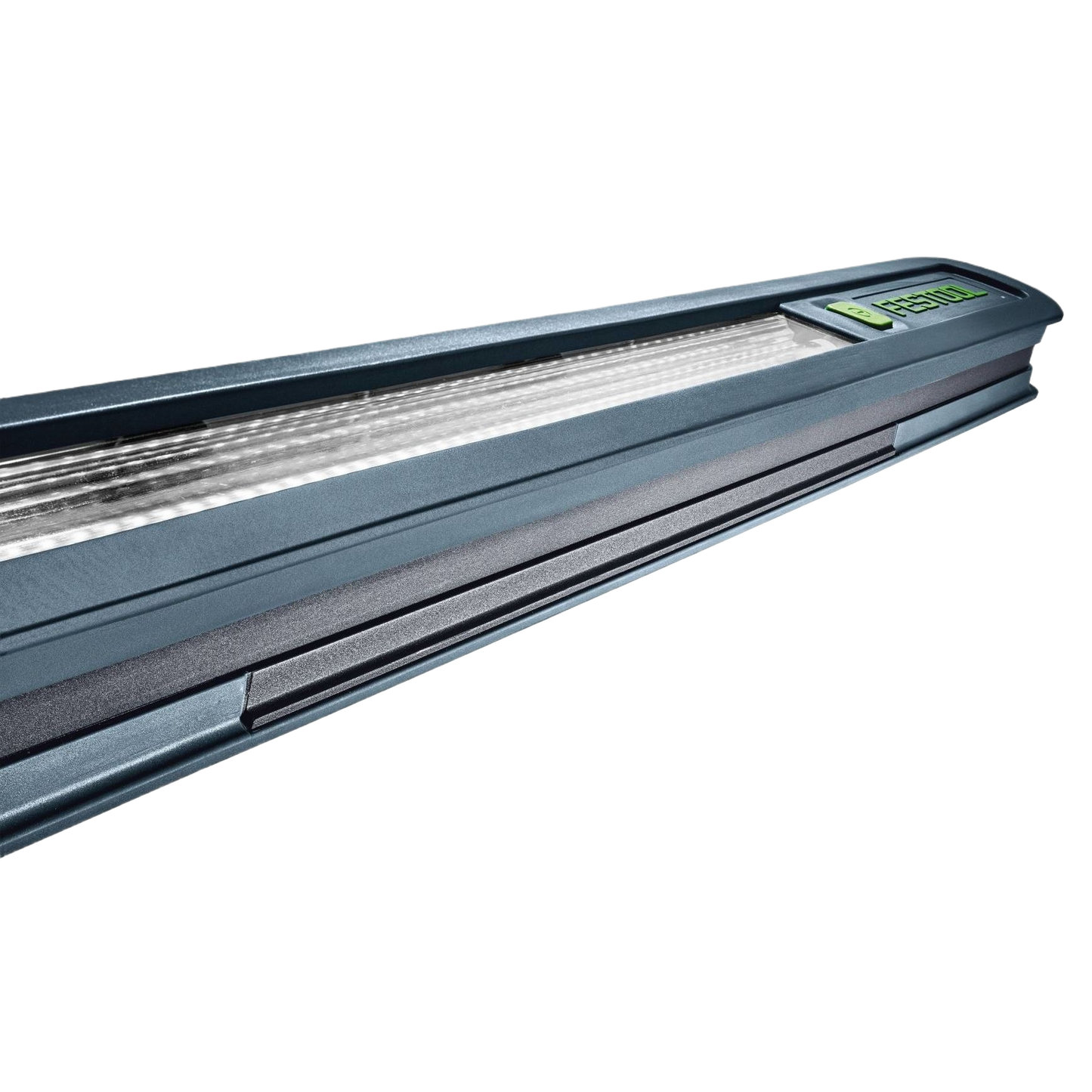 Long slim inspection light with linear LED array and green power button for work lights and home improvement tools collections