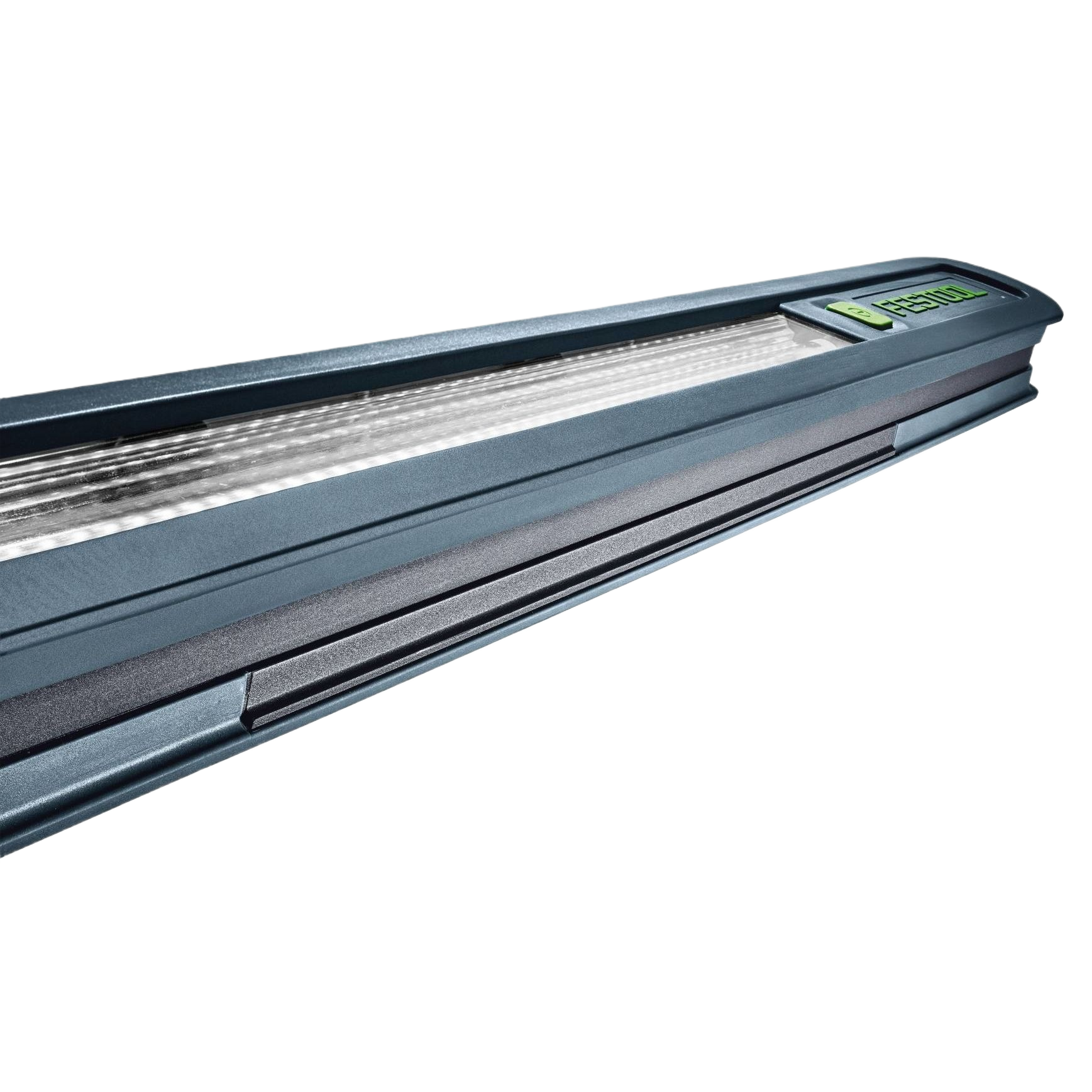 Long slim inspection light with linear LED array and green power button for work lights and home improvement tools collections