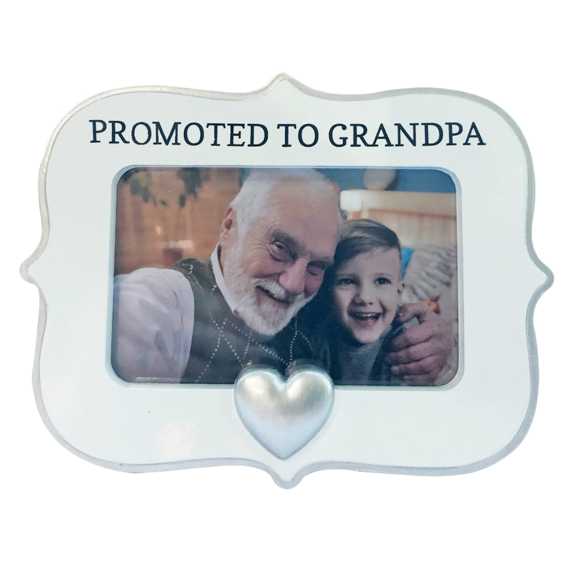 White decorative photo frame ornament with "Promoted to Grandpa" text and silver heart for Christmas Ornaments & Tree Decorations collection