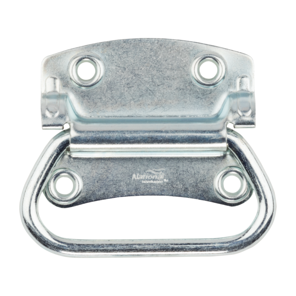 Cold rolled steel chest handle in silver finish with mounting holes for furniture hardware and home improvement projects