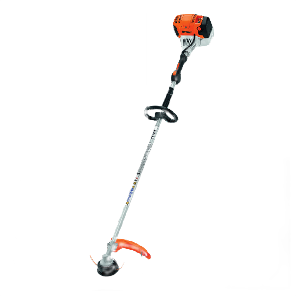Orange and gray STIHL straight shaft trimmer with loop handle and cutting head, part of outdoor power equipment and rental tools at Hartville Hardware.